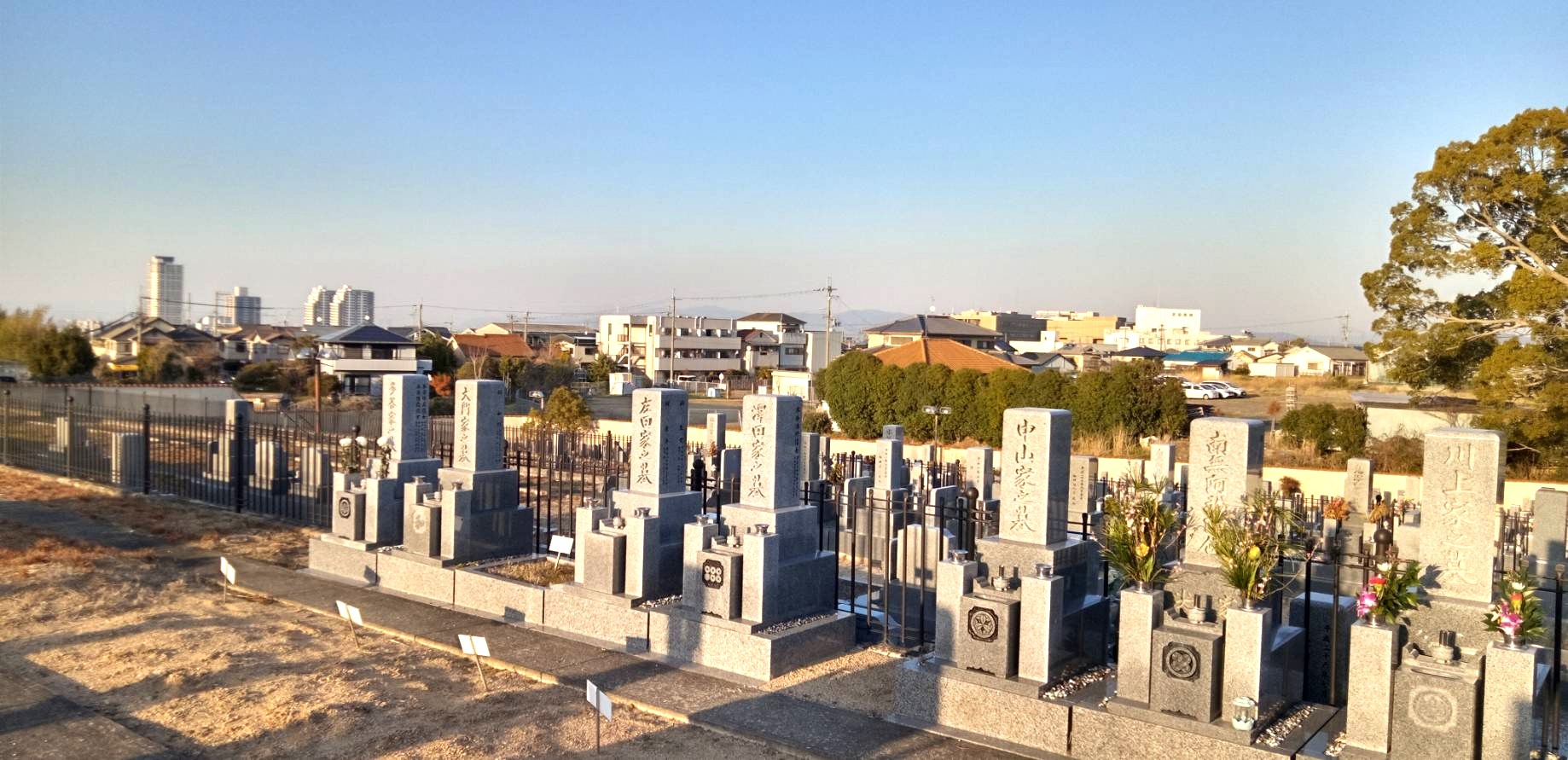 立ち並ぶ墓石の向こうに住宅街やビルが見える見晴らしの良い霊園の風景