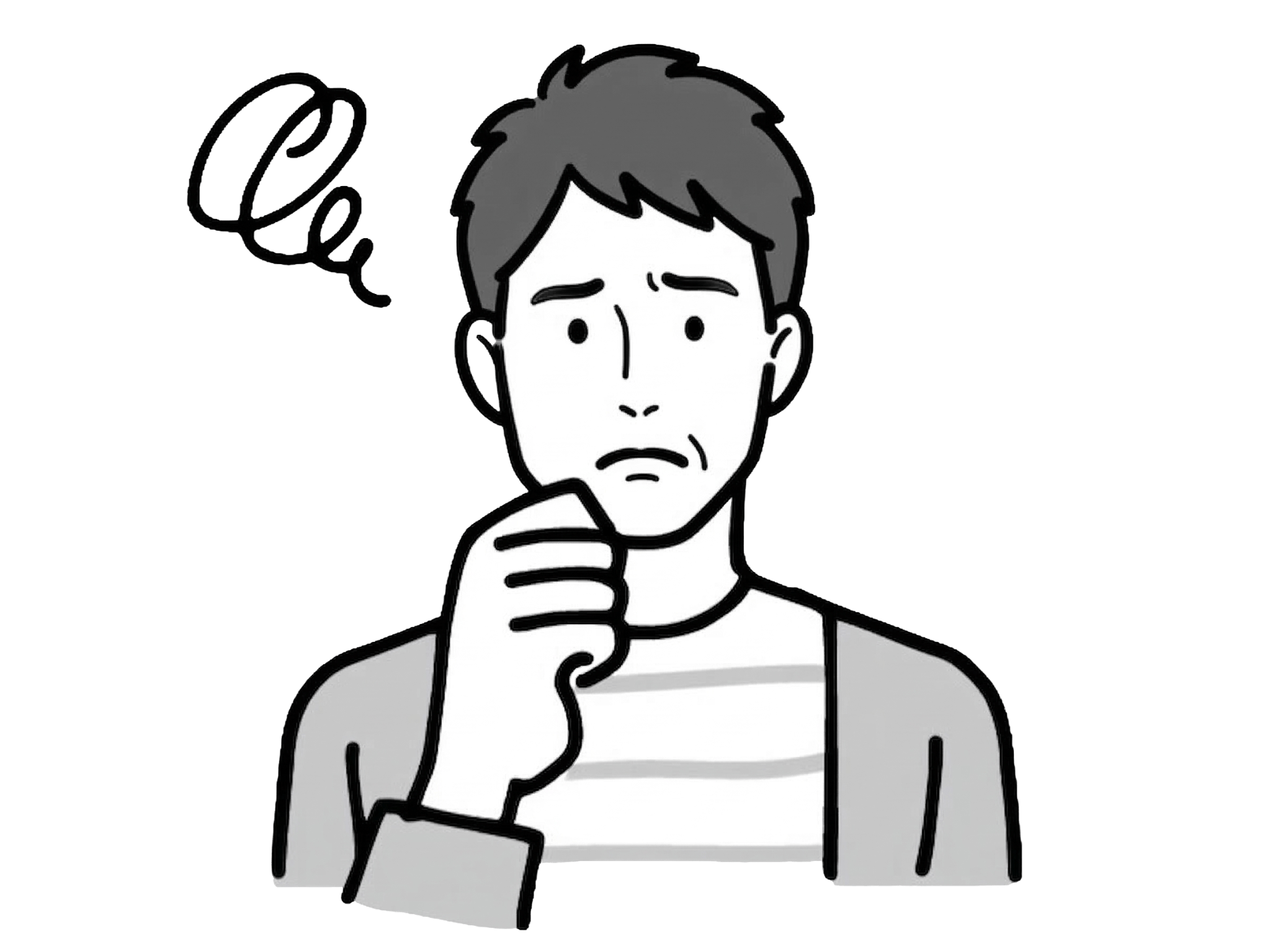 口元に手を当てて考え込む、困った表情の男性のイラスト