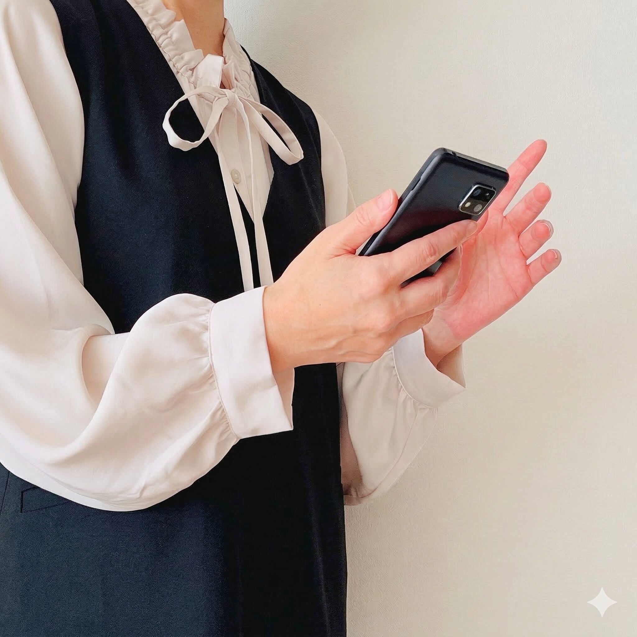 スマートフォンを手に持ち、操作や入力をしている女性の手元のアップ