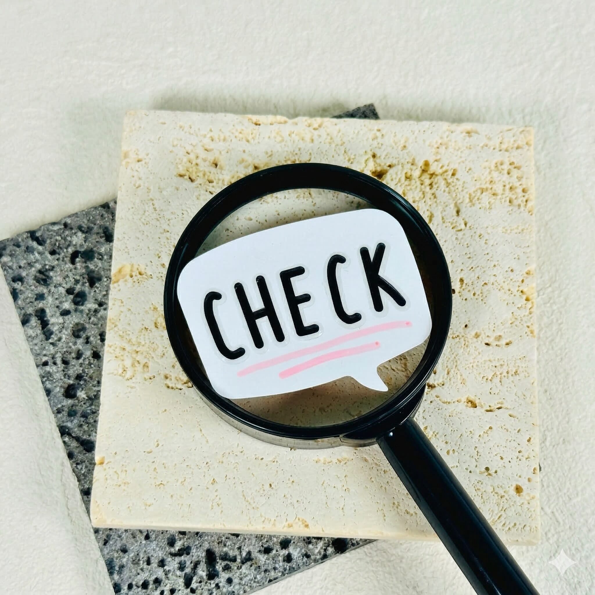 「CHECK」と書かれた吹き出しを虫眼鏡で拡大している石材サンプルの画像