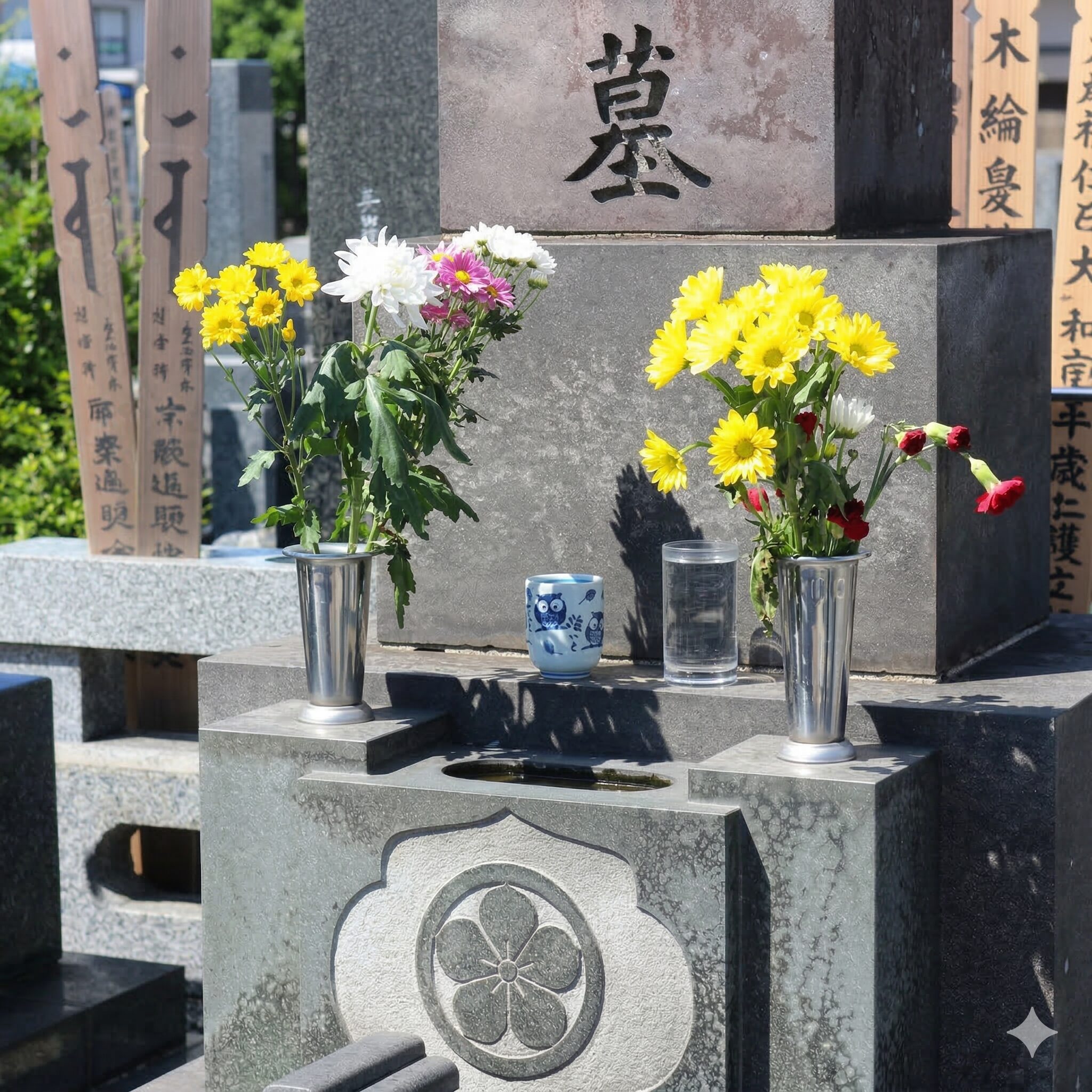 彫刻が施された家紋入りの墓石と、お供えの花や塔婆が並ぶ墓地の様子