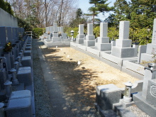 日当たりの良い墓地にある、新しい墓石が建ち並ぶ霊園の区画。