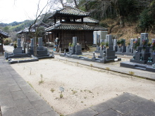 寺院の建物を背に、平坦で歩きやすい通路が整備された霊園の全景。