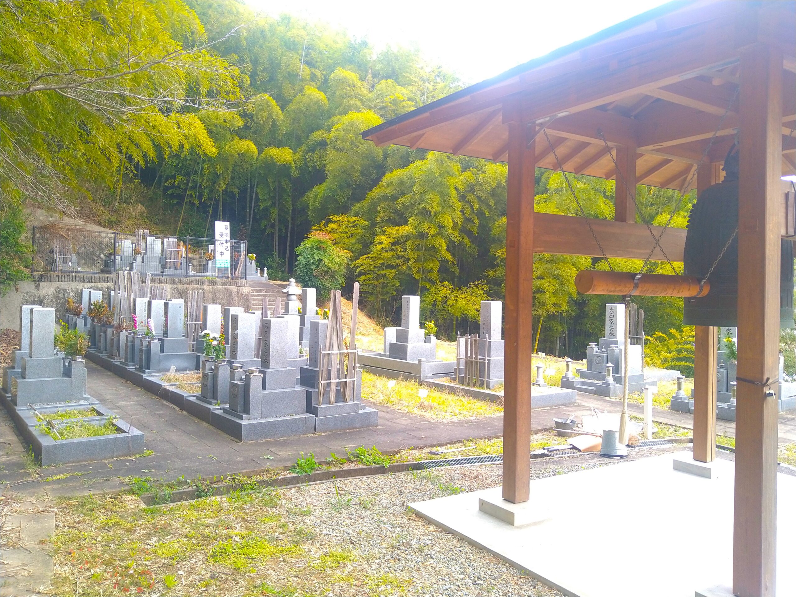 観福寺の立派な鐘楼越しに広がる竹林と明るい墓地の風景