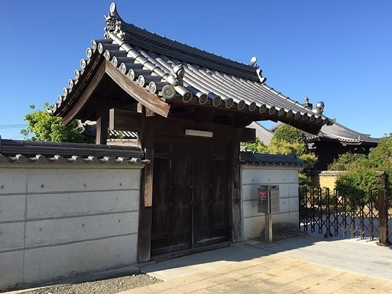 青空に映える重厚な瓦屋根を持つ寺院の山門