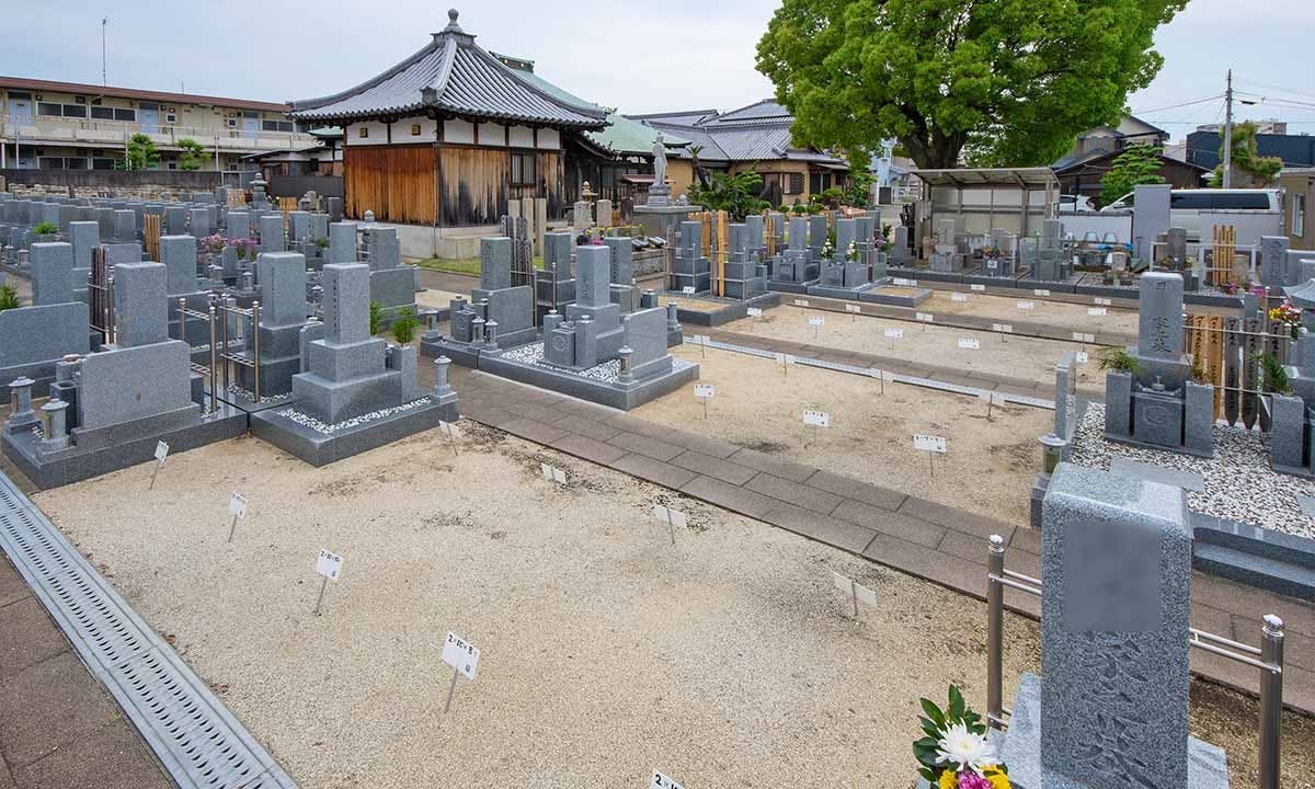 寺院の本堂を背景に整然と並ぶ和型墓石の群