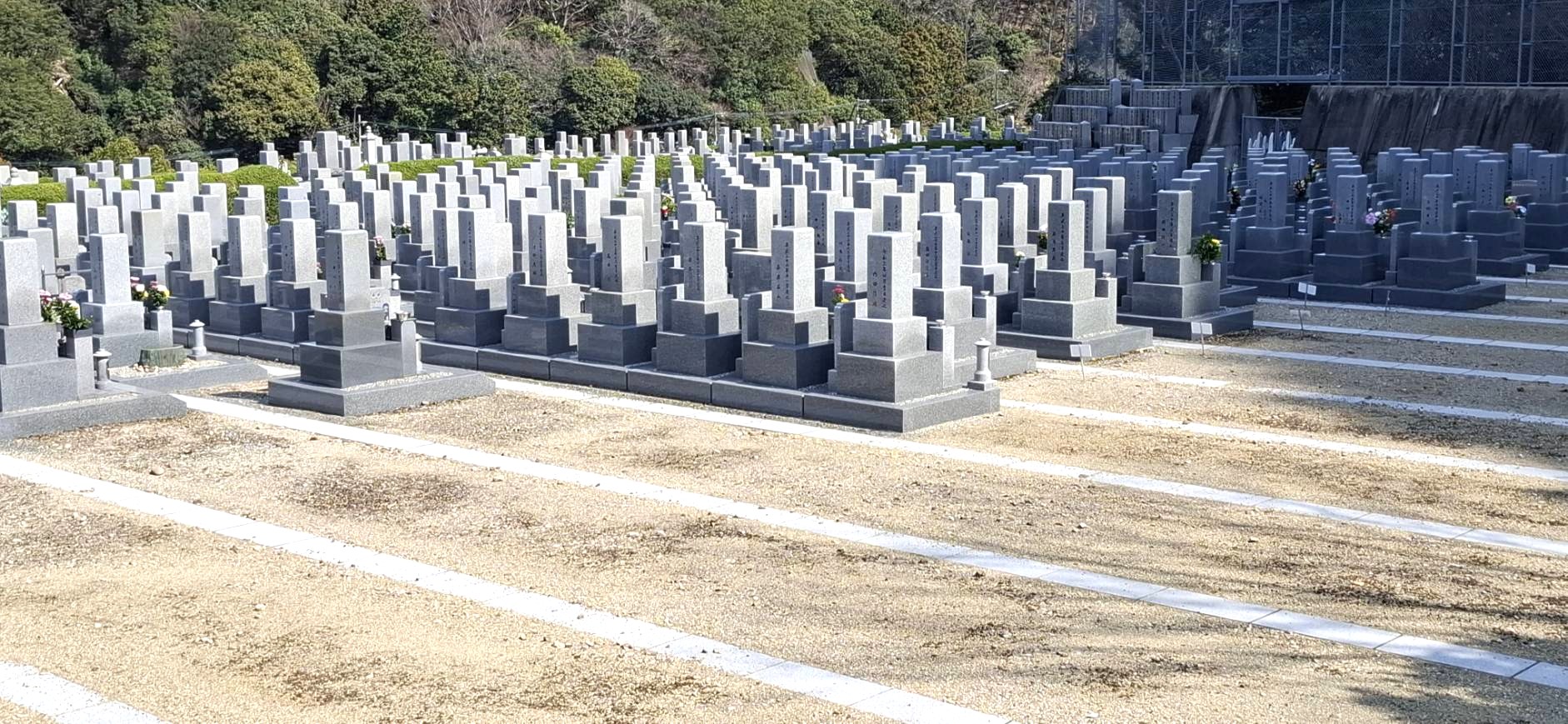 奥水間霊園の広大な敷地に整列する和型墓石の風景