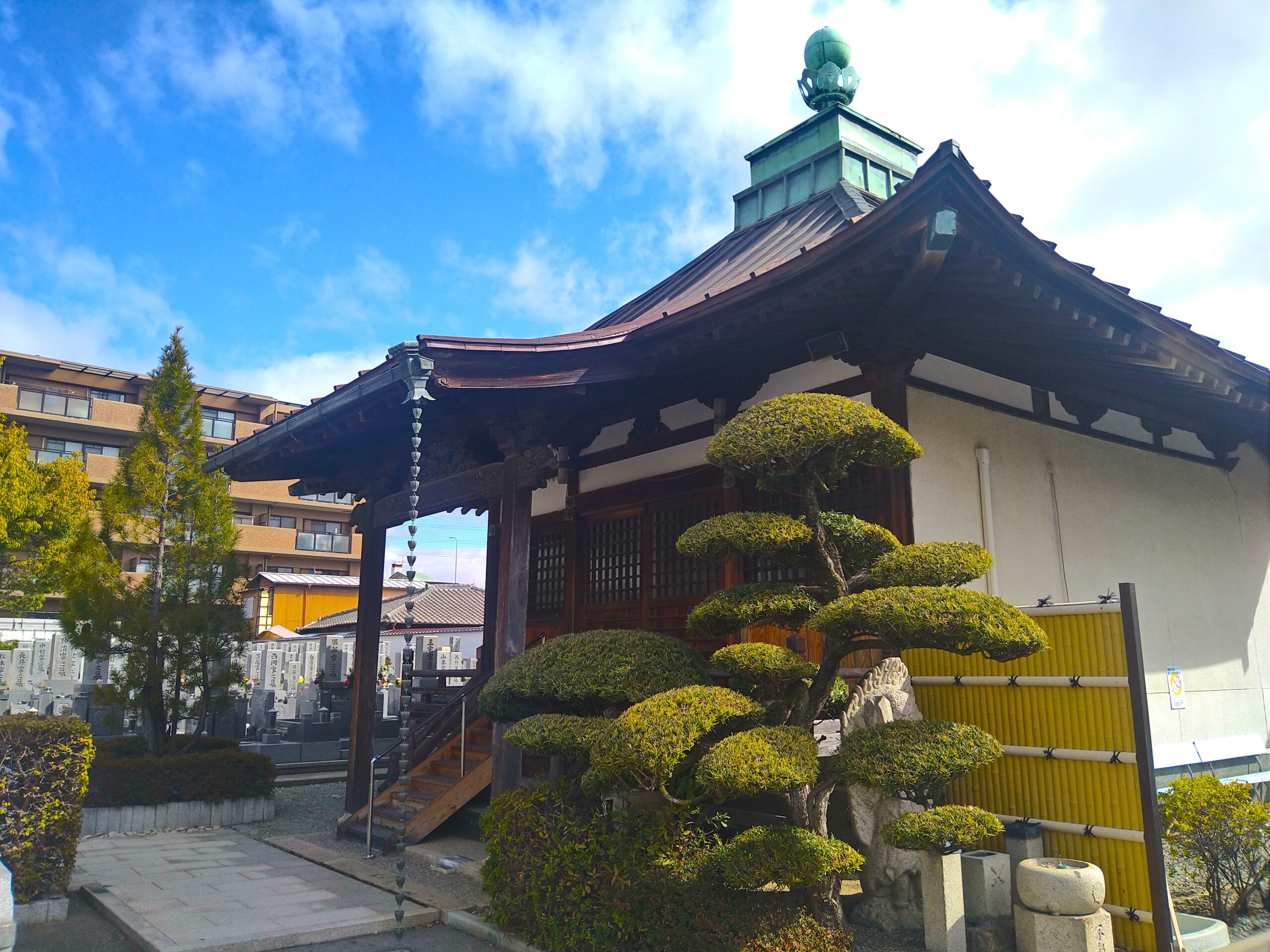 銅板葺きの屋根を持つお堂と手前の段造りの松